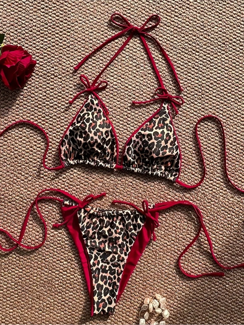 NEW Women's Leopard Print Triangle Bikini with Red Trim Women’s Swimwear Size XL